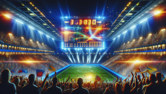 A lively sports stadium featuring an illuminated scoreboard displaying real-time scores, player stats, and game timelines.