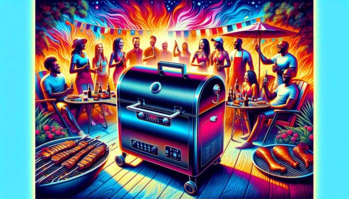 Premium Electric Smokers for Easy BBQ: Stylish electric smoker with a digital control panel at a vibrant BBQ gathering, presenting expertly smoked meats.