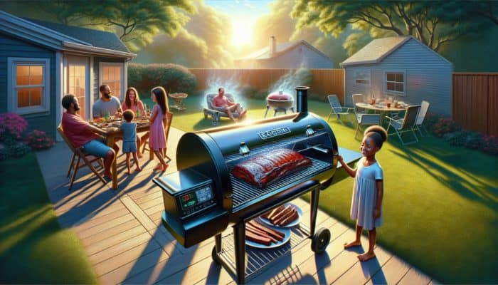 A stylish electric smoker in a sunny American backyard, smoking ribs and brisket with a family enjoying the BBQ atmosphere.