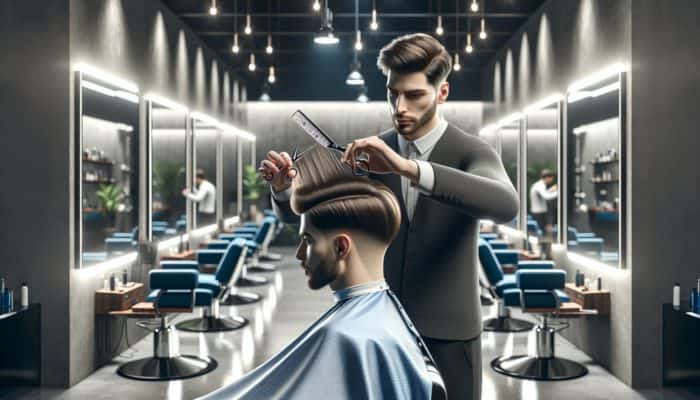 A barber skillfully cutting long layers in a man's hair in a contemporary salon with mirrors and focused lighting.
