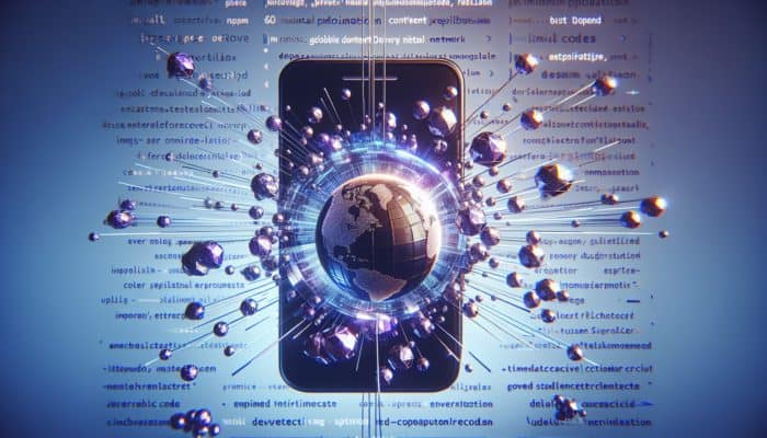 Smartphone displaying a fast-loading webpage with optimized images, minimal code, and a global CDN map.