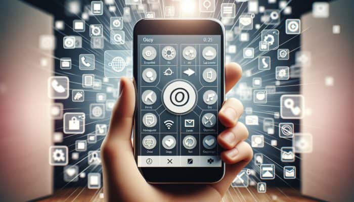 A mobile phone displaying a fast-loading webpage with large, touch-friendly buttons and straightforward navigation, optimized for SEO.