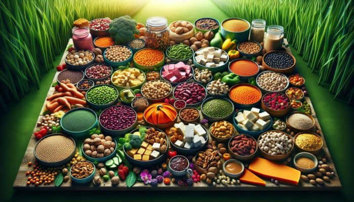 A vibrant display of plant-based proteins including legumes, grains, nuts, seeds, tofu, tempeh, and seitan on a green background.