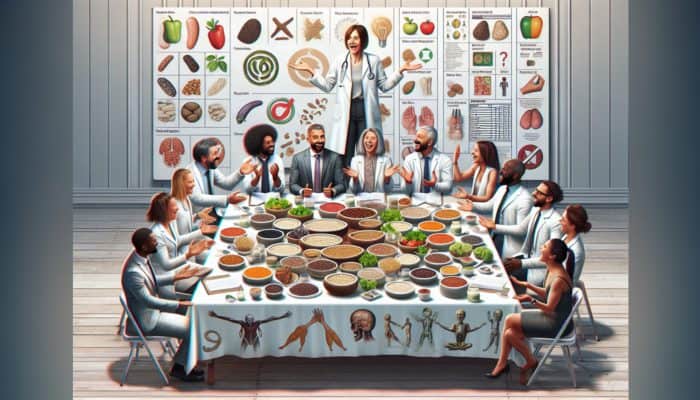 Nutrition experts discussing plant-based diets with charts and graphs, featuring tofu, lentils, and quinoa.