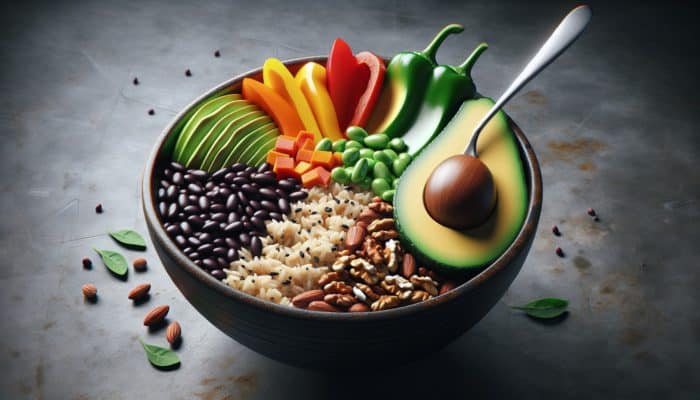 A colorful bowl featuring brown rice, black beans, bell peppers, avocado, and nuts, illustrating a balanced, nutrient-rich meal.