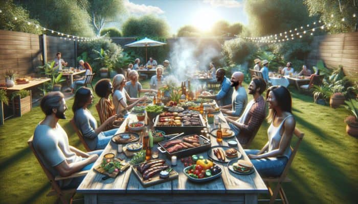 A colorful BBQ setup featuring grilled meats, vibrant sides, and friends enjoying a feast in a sunlit backyard.