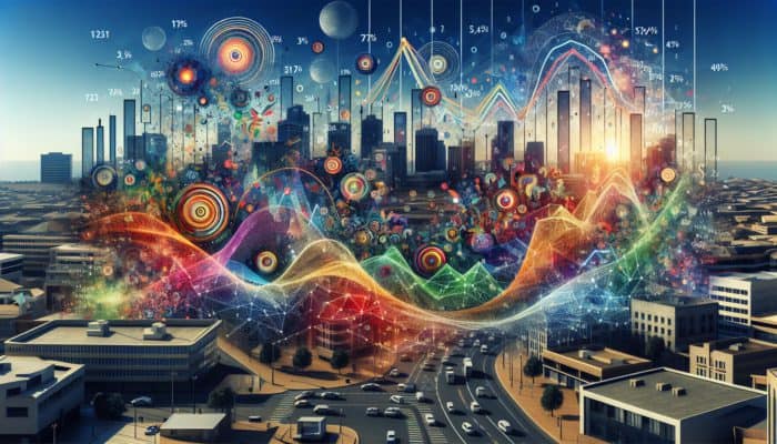 Colorful graphs of economic indicators influencing interest rates, with Randburg skyline in background.