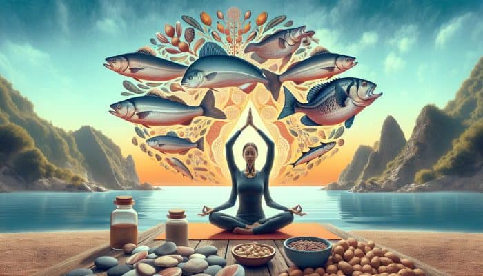 Yoga practice by the sea with symbolic foods like fish and nuts representing support for thyroid health.