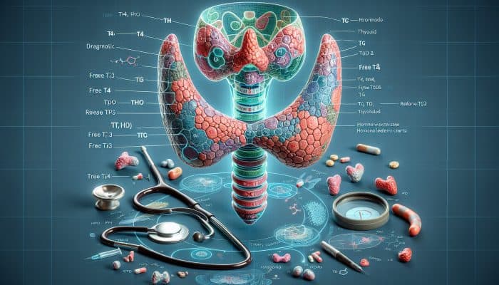 Diagram illustrating thyroid gland with labeled hormone sections including TSH, T4, T3, TPO, Tg, Free T4, Free T3, Reverse T3, and diagnostic tools.
