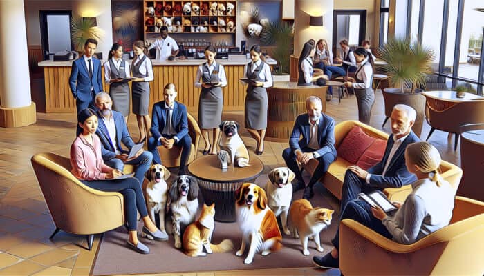 A welcoming hotel lobby with pets and staff providing pet-friendly amenities and assistance.