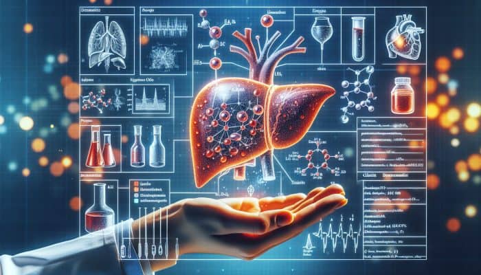 Medical diagram illustrating liver blood tests with labeled enzymes, proteins, and biomarkers.
