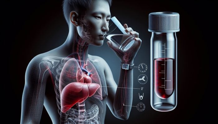 Person drinking water and holding clock at 12 hours, preparing for liver blood test.