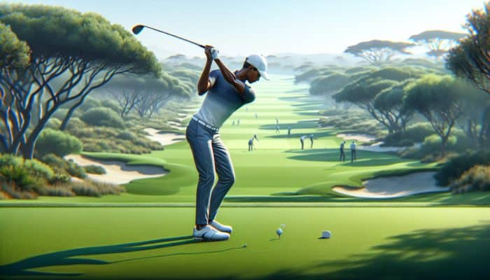A South African golfer practicing swing techniques on a lush course, using an open stance for a higher trajectory.