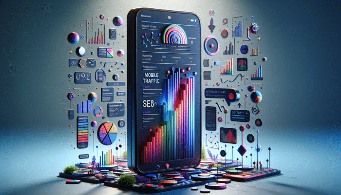 A smartphone displaying an optimized website with title tags, illustrated alongside graphs highlighting mobile traffic and SEO performance.