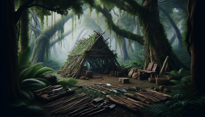Gathering diverse flora for primitive shelter construction in a lush forest, with tools for material preparation.