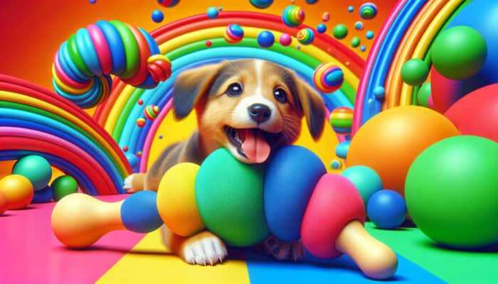 A playful puppy chews on a colorful teething toy, promoting dental health.