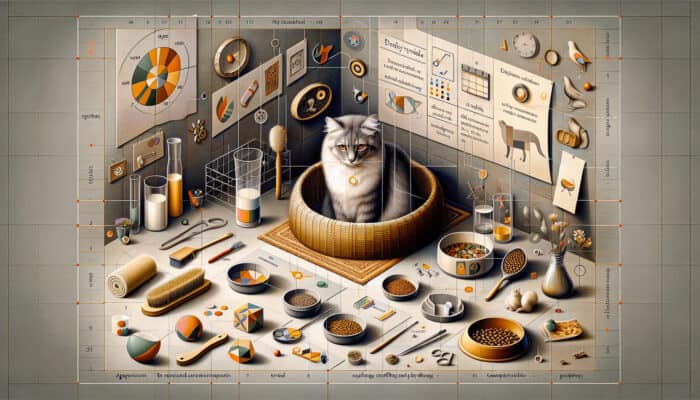 A cat being groomed, fed, and playing, with daily care checklist and expert advice posters.