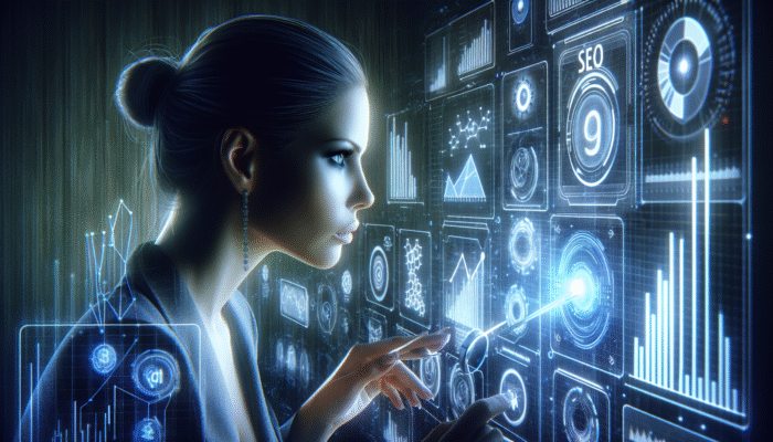 A digital marketing specialist analyzing SEO data on a futuristic display, utilizing holographic graphs and keywords to refine AEO strategies.