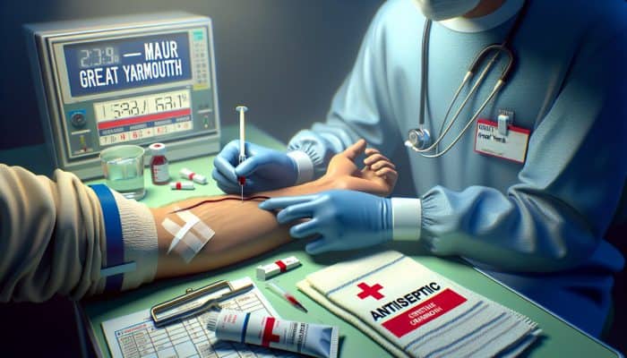 Testosterone Blood Test in Great Yarmouth: A healthcare professional drawing blood from a patient's arm in a clinical setting in Great Yarmouth.
