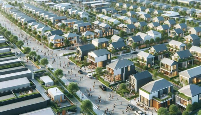 Aerial view of a vibrant neighborhood showcasing modern entry-level homes alongside green spaces.