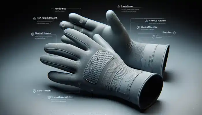 High-tensile strength latex gauntlet gloves featuring textured surfaces, powder-free, chemical-resistant, and safety-certified long cuffs.