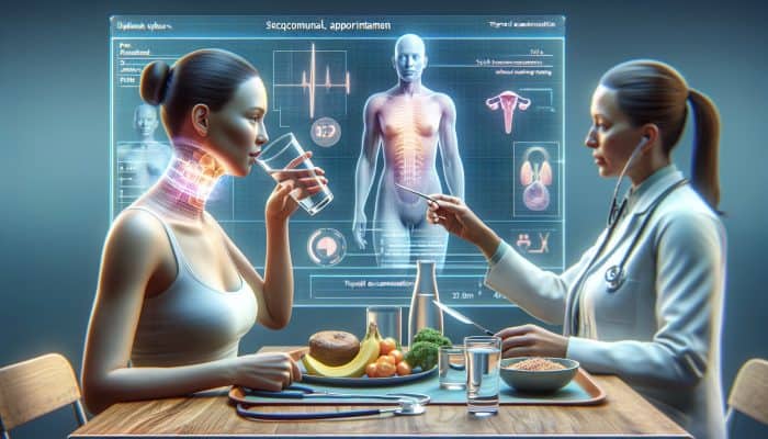 Individual enjoying water and a meal after a thyroid test, with a calendar indicating follow-up, while a doctor discusses results in a clinic.