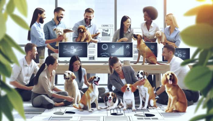 A calm office featuring employees and pets, highlighting wellness and happiness.