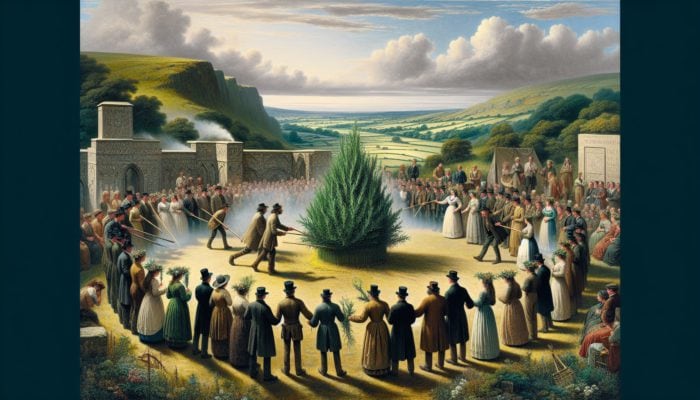 Illustration of ancient British ceremonies with rosemary, symbolizing remembrance and fidelity, used in weddings and funerals.