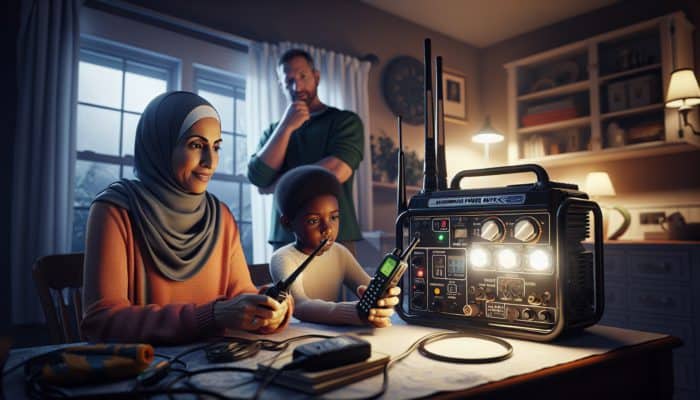 Family practicing emergency setup and backup power use during a simulated power outage drill.