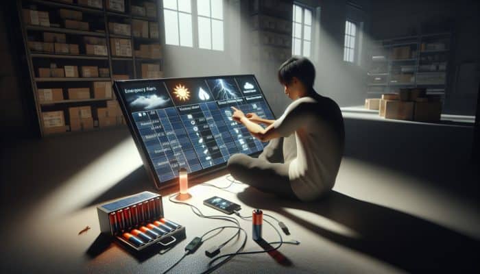 A person using a solar charger for a smartphone and medical equipment during a power outage, receiving alerts in a dimly lit room.