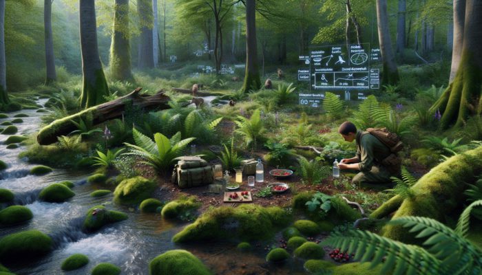 Person in forest identifying edible berries, nuts, purifying stream water, building shelter from branches, leaves.