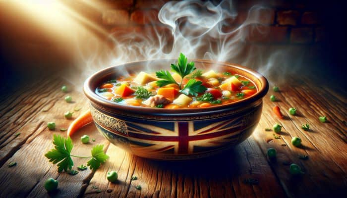 A bowl of British soup with vegetables, meat, and parsley, on a rustic table.