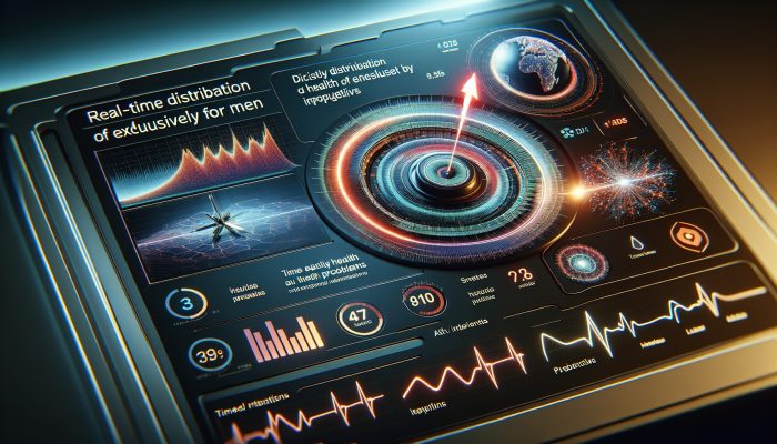 A futuristic dashboard showing real-time health metrics for men, with AI tools analyzing data and suggesting interventions.