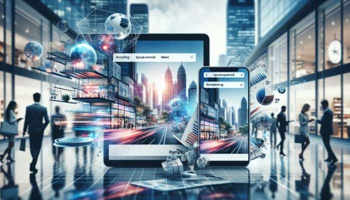 E-commerce website displayed on smartphone and laptop, featuring intuitive navigation and fast loading times, set in a Bampton business environment with shoppers.