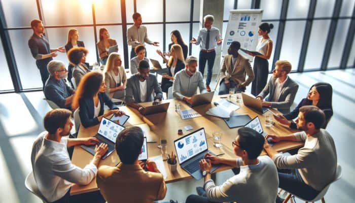 Bampton business owners engaged in an e-commerce workshop, collaborating with tech experts while using laptops.