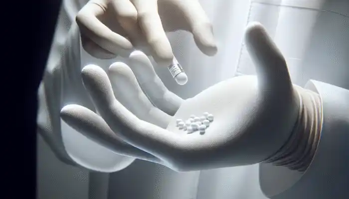 Hand in powder-free latex gloves with textured fingertips, handling small objects precisely on a clinical white background.
