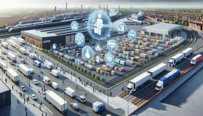 A bustling logistics hub in Chester with modern healthcare facilities and efficient distribution of medical supplies.