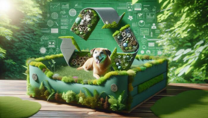 Cozy pet bed from recycled materials in a lush, green setting, symbolizing sustainability.