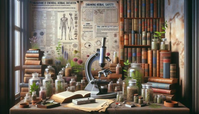 An herbalist's study with ancient books, herb jars, a microscope, and safety charts, focused on long-term herbal safety.