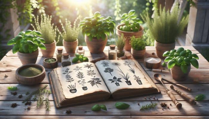 A rustic table with an open herb journal, potted herbs, and soft natural light.