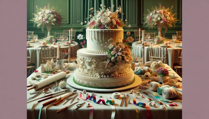 A beautifully decorated multi-tiered cake adorned with sugar flowers, piping, and pearls, displayed alongside essential decorating tools and ribbons.