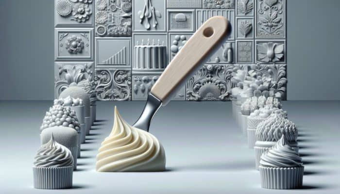 A spatula showcasing icing with perfect consistency, holding shape, alongside decorated cakes in the background.