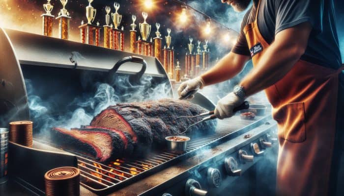 A close-up of a smoked brisket on a barbecue grill, surrounded by pitmasters and trophies in a smoky atmosphere.