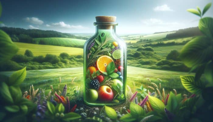 Insight into Clean-Label Supplements: A glass bottle with natural herbs and fruits, labeled clearly, on a backdrop of organic fields.
