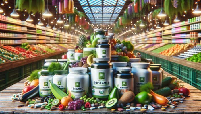 Eco-friendly organic, non-GMO supplements featuring vegan and plant-based options.