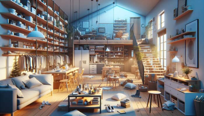 Preparing a UK Home for Holidays: Cozy home interior with organized, clutter-free rooms, illuminated by warm holiday lights.