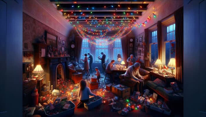Inviting UK home at dusk, family packing holiday decorations, festive lights shining.
