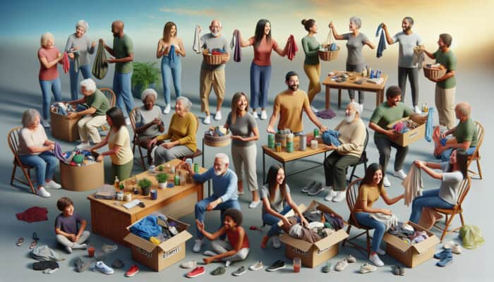 Family engaging in decluttering over 30 days, friends at a 'declutter party', sorting possessions together.