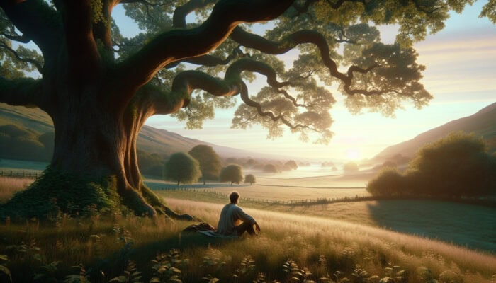 A person under an old oak tree in the UK countryside, reflecting with comforting light and spirits around.