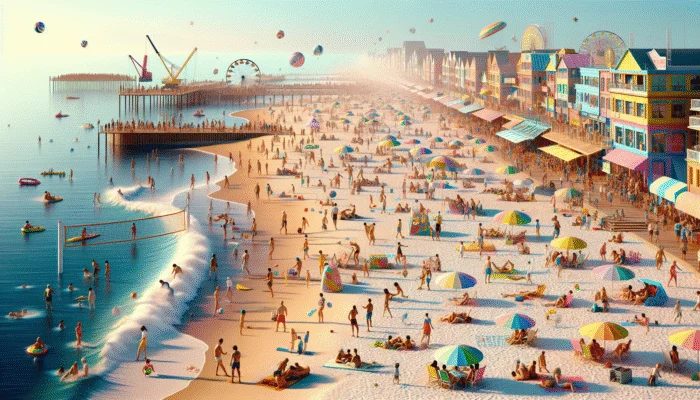 People enjoying volleyball, surfing, building sandcastles, and lounging under umbrellas on a lively beach with a boardwalk.
